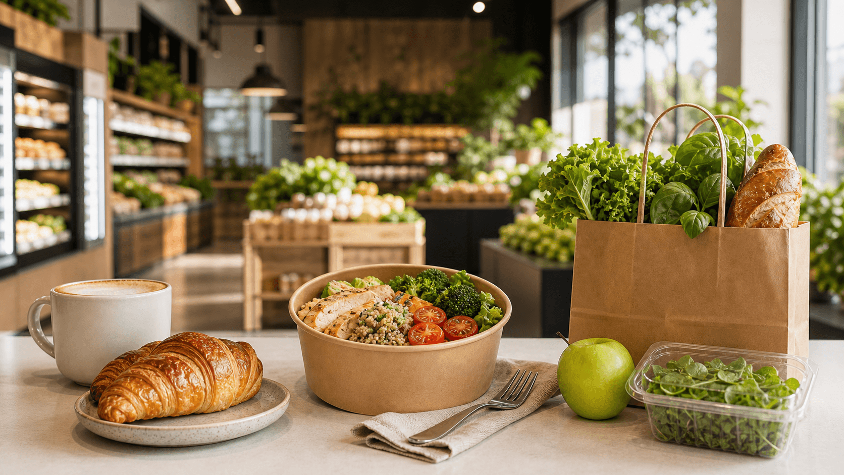 Gastrohub daily food rhythm with coffee, lunch and groceries