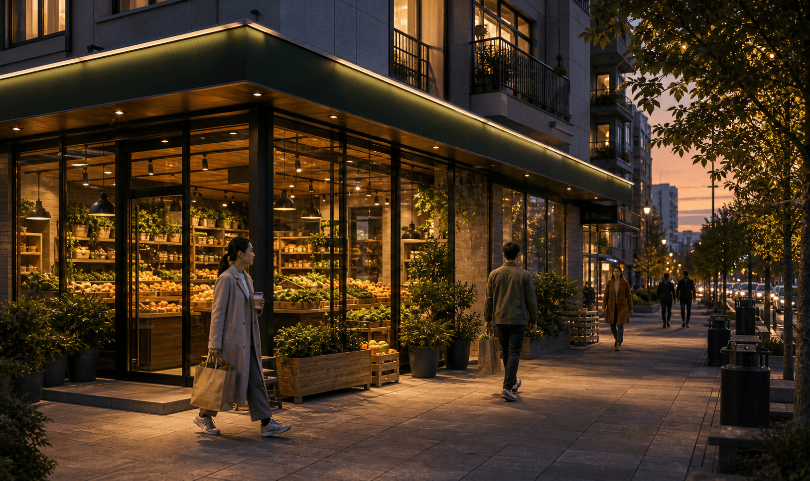 Gastrohub evening city route and fresh food store