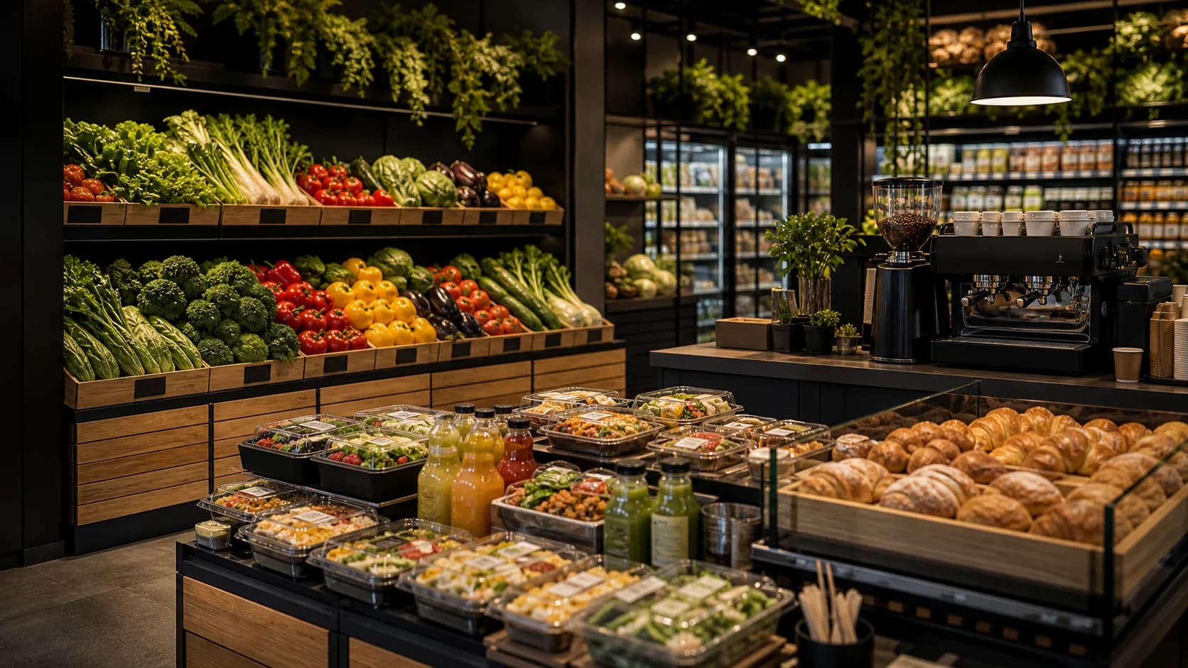 Gastrohub store zones with fresh food, coffee and ready meals