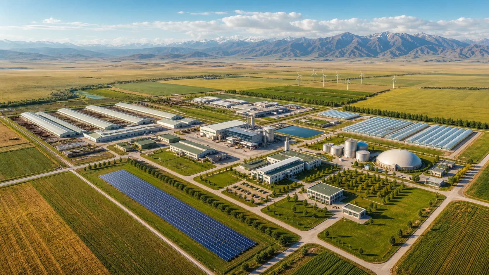 Aerial masterplan of Daria Agro Valley with fields, farm buildings, solar panels and wind turbines