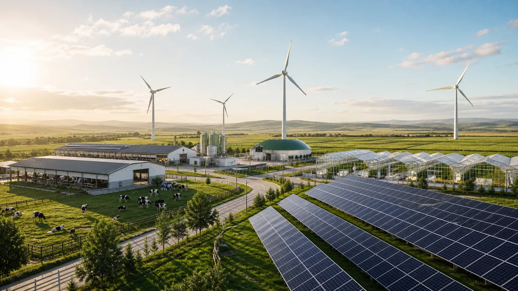 Solar panels and wind turbines powering a modern Daria agro dairy campus