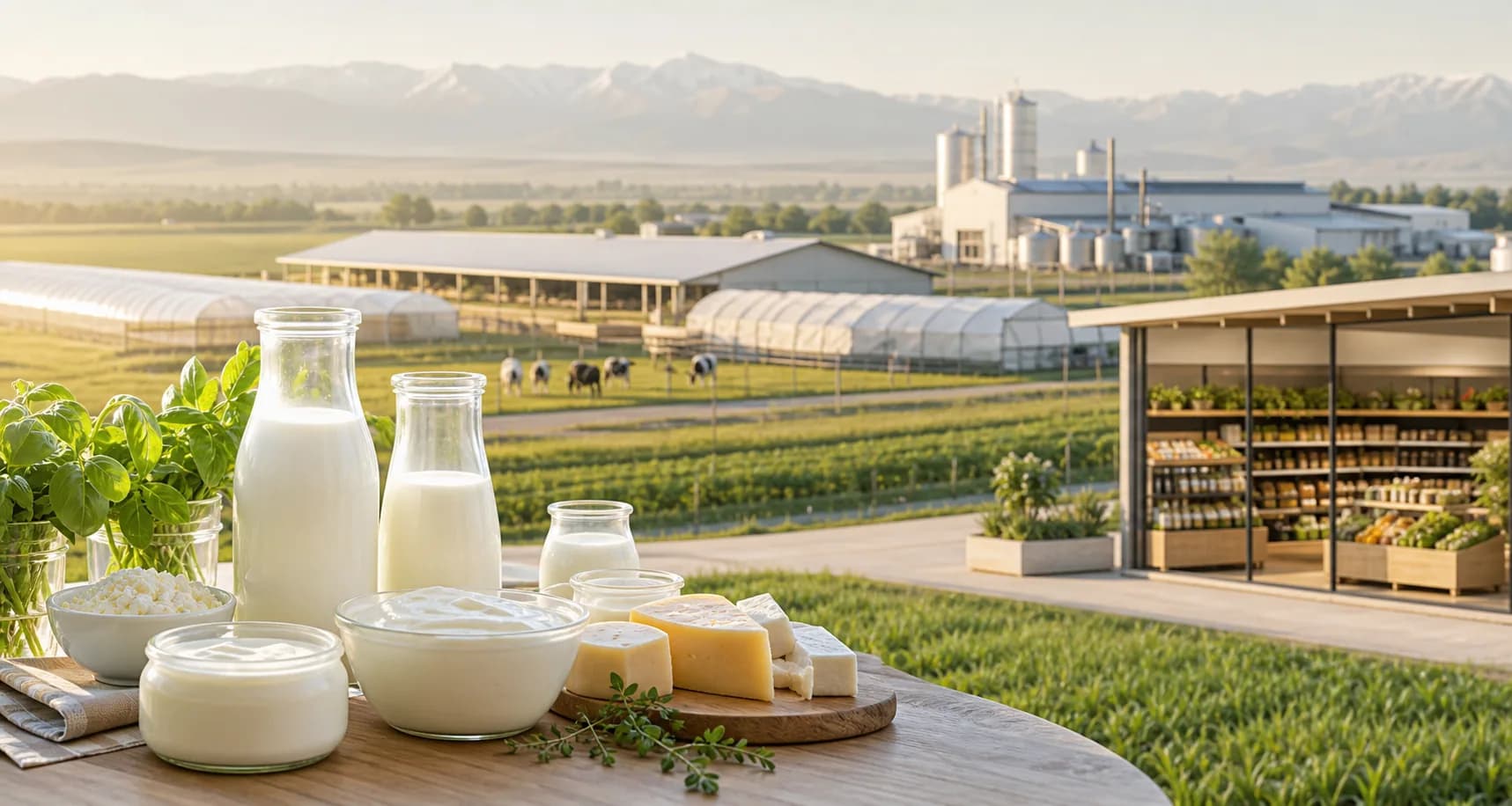 Daria farm landscape with dairy products and a Gastrohub retail shelf