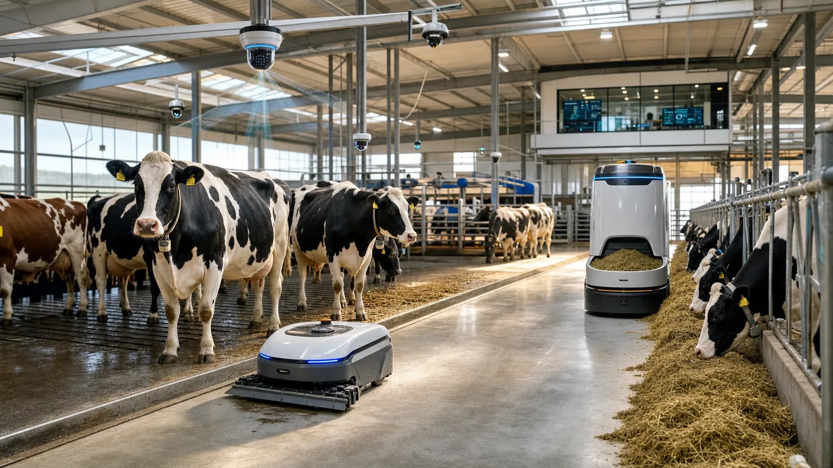 Computer vision cameras, autonomous cleaning robot and feeding robot inside a modern dairy farm