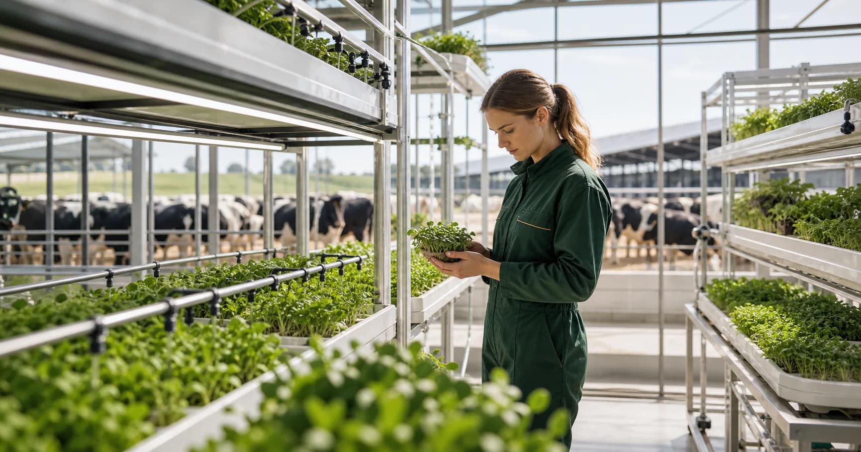 Hydroponic feed growing area next to a dairy farm