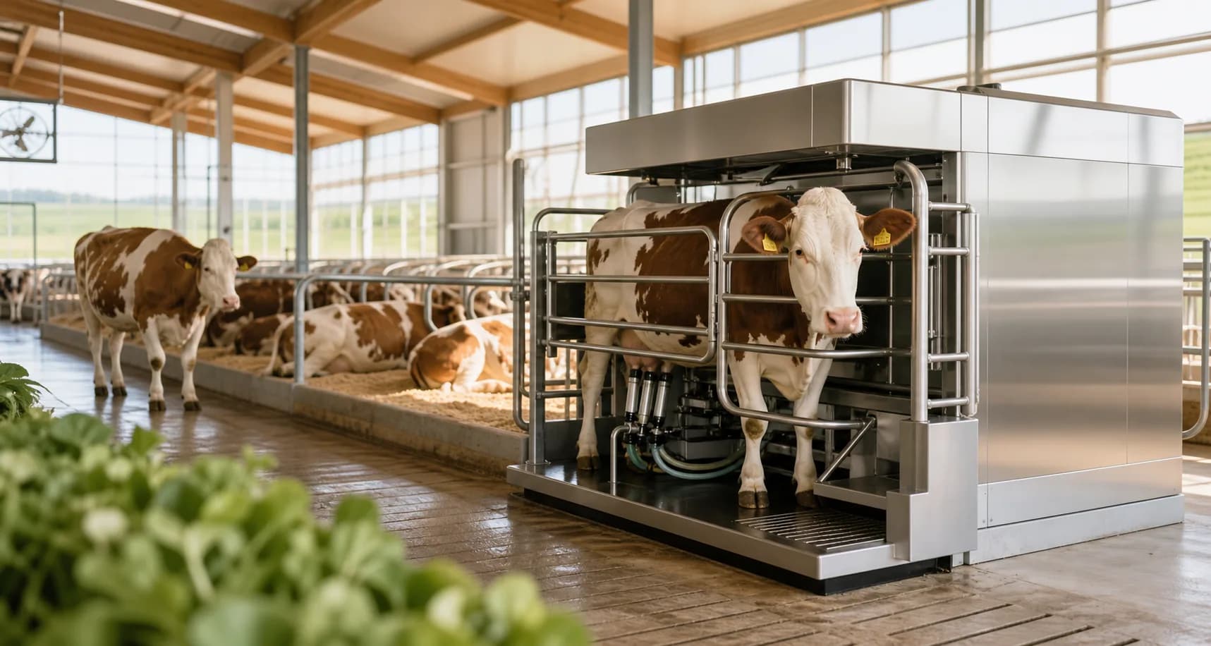 Modern dairy barn with robotic milking equipment and cows