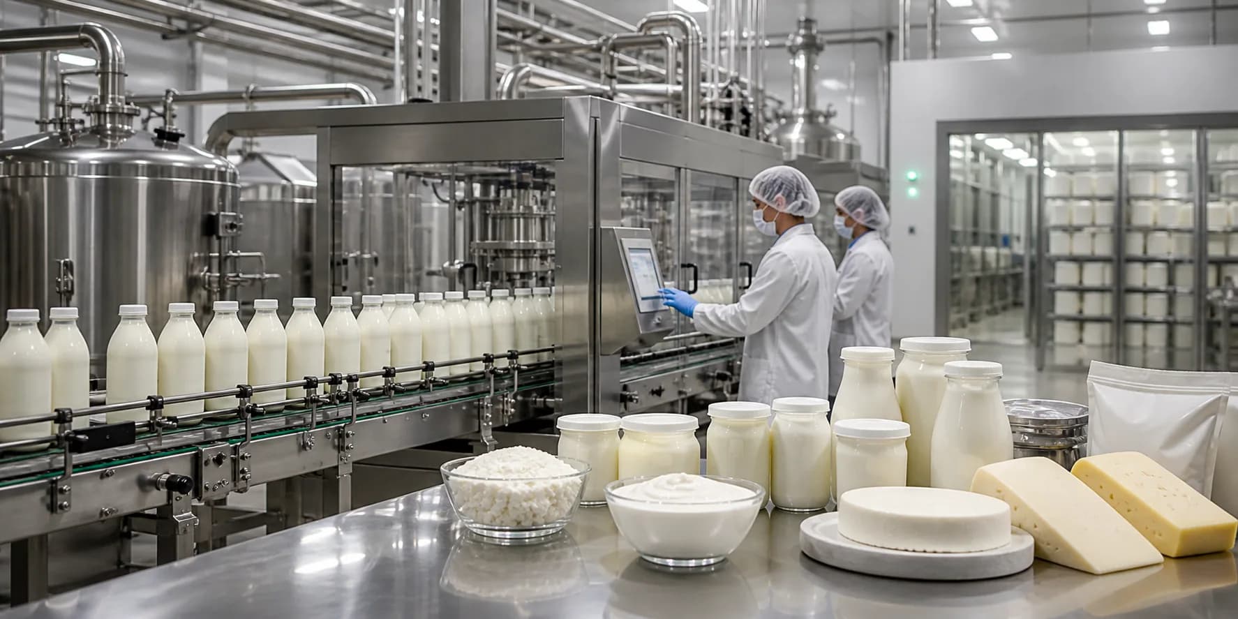 Milk & More dairy processing line with bottles and dairy products