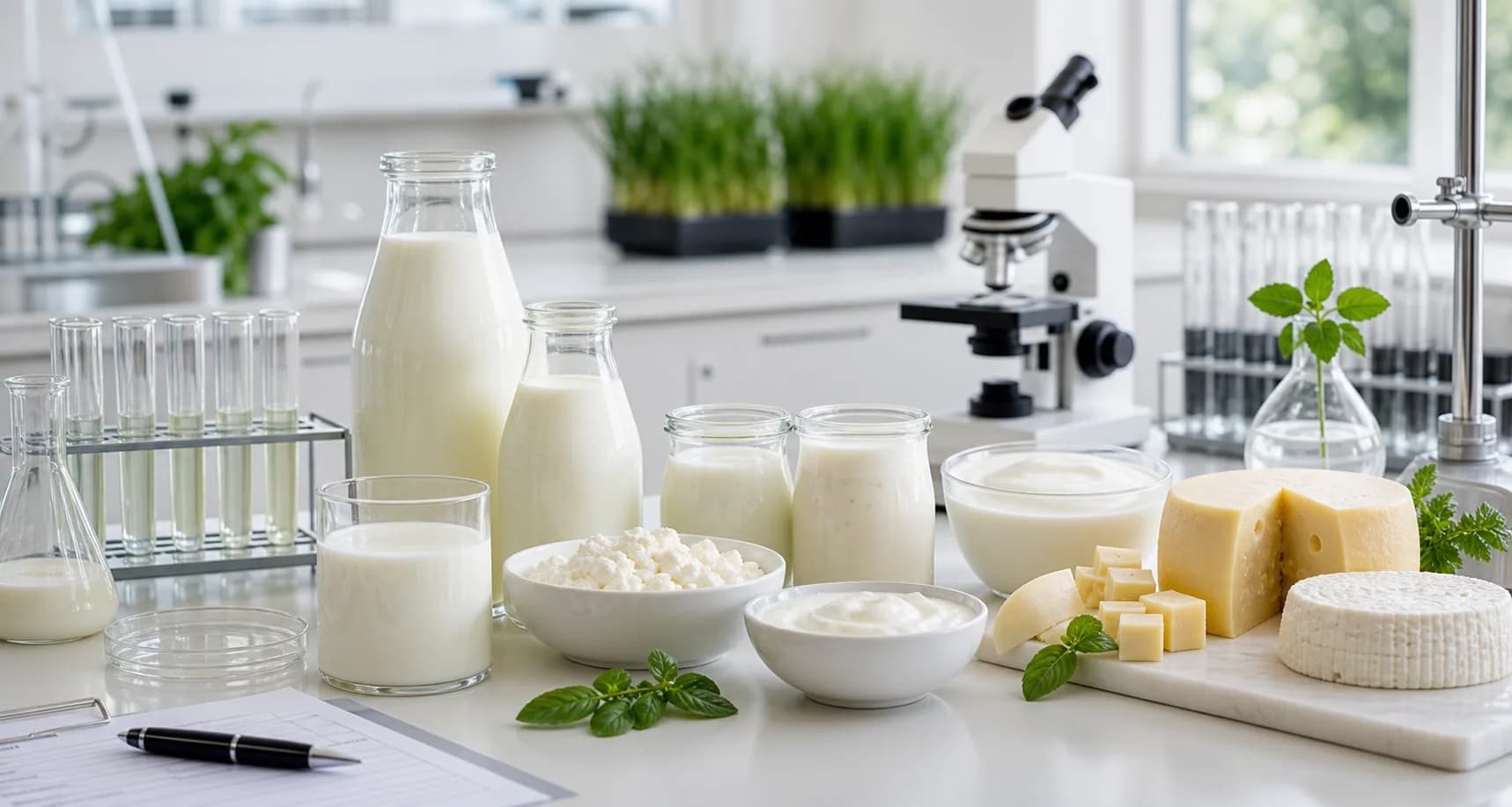 Milk and dairy products in a bright quality laboratory