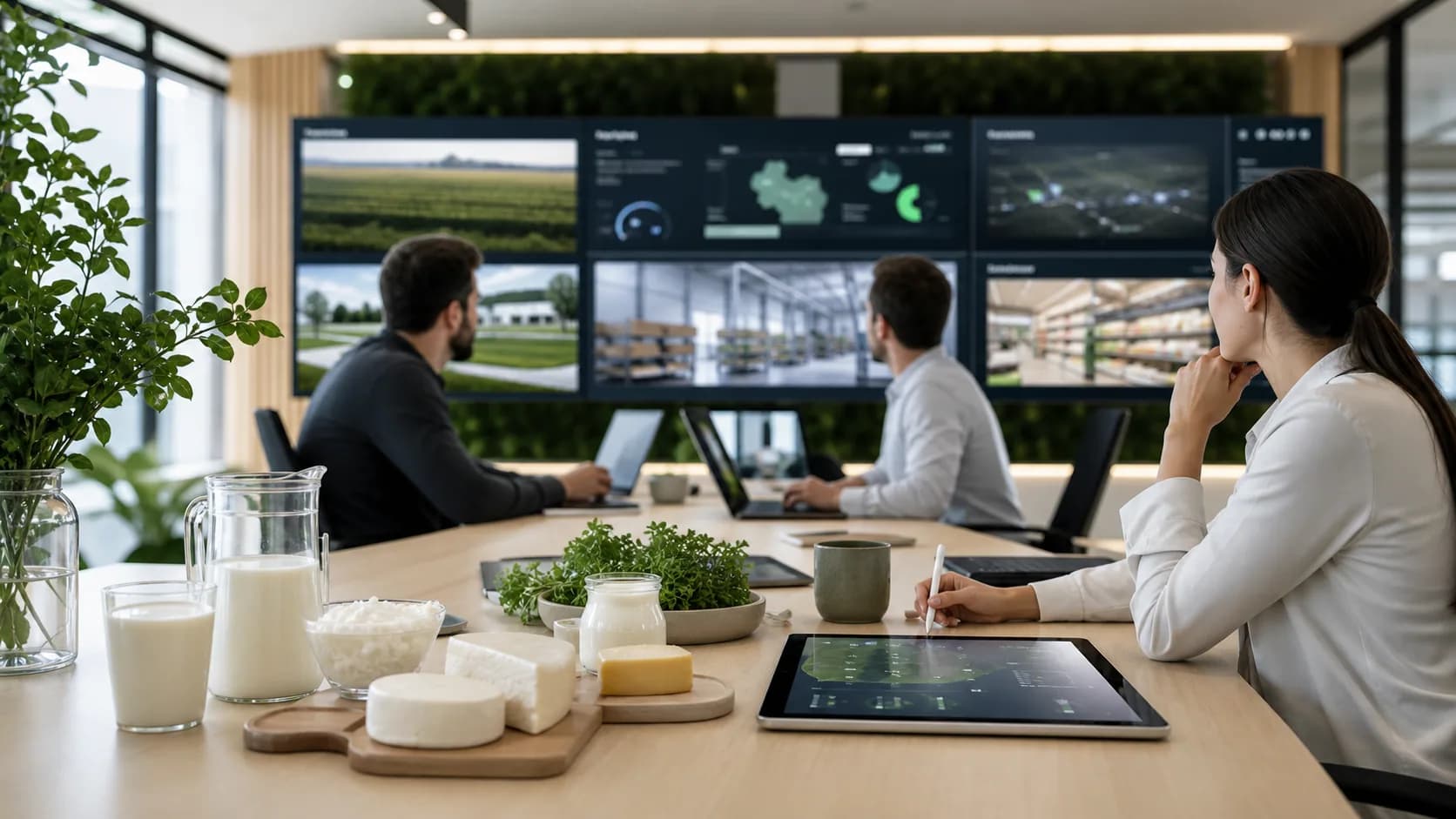 Operations room with dairy products and farm dashboards