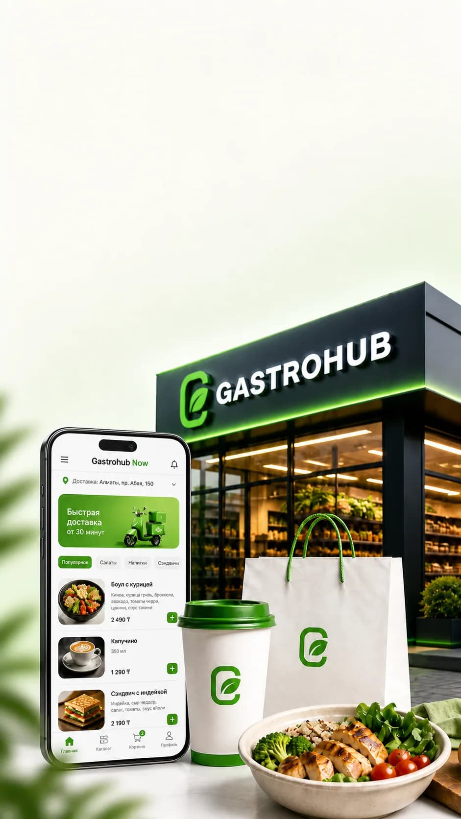 Gastrohub NOW grocery catalog with food delivery orders and fresh products screen