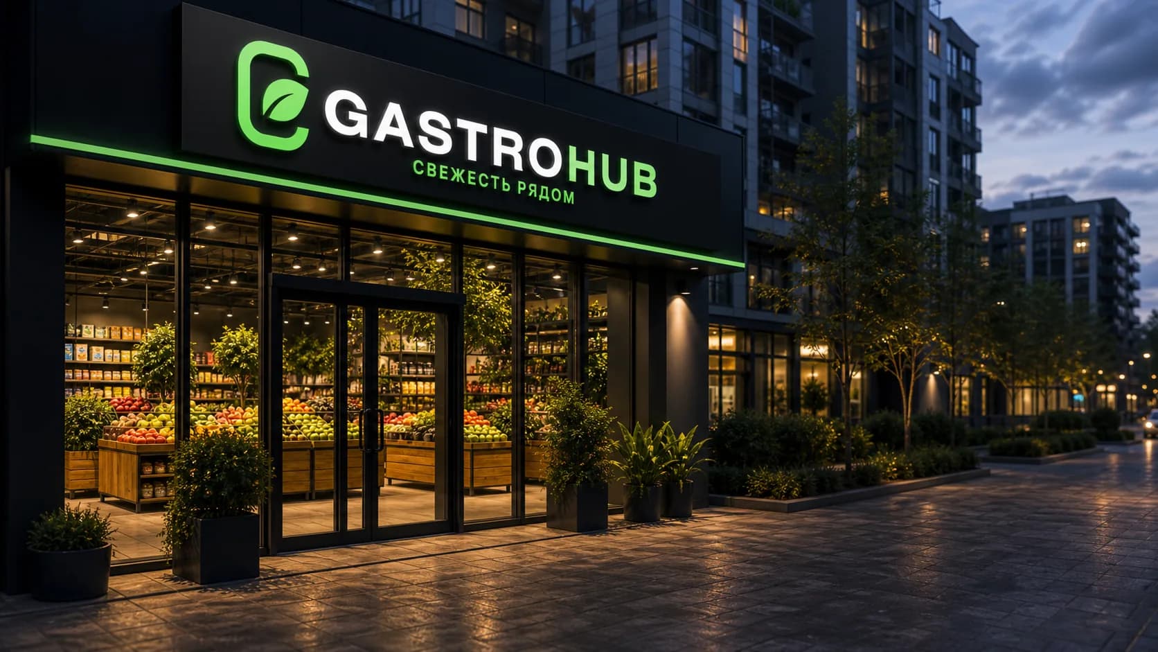 Gastrohub premium food retail storefront with fresh market logo